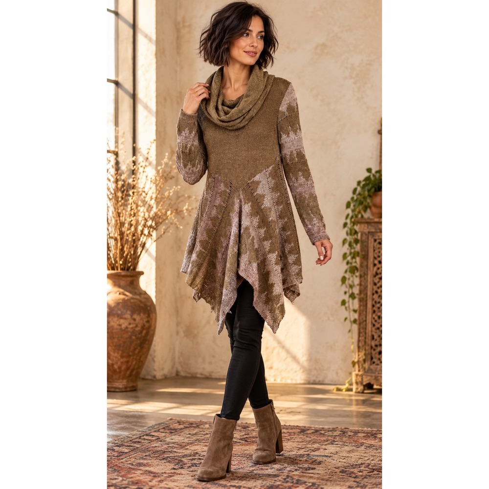 BKE Medium Asymmetrical Cowl Neck Sweater Tunic Metallic Boho Lagenlook